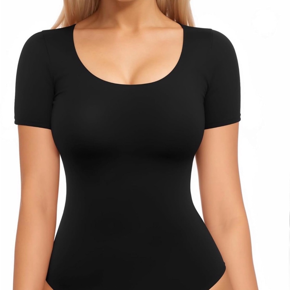 Black Scoop Neck, Short Sleeved Bodysuit